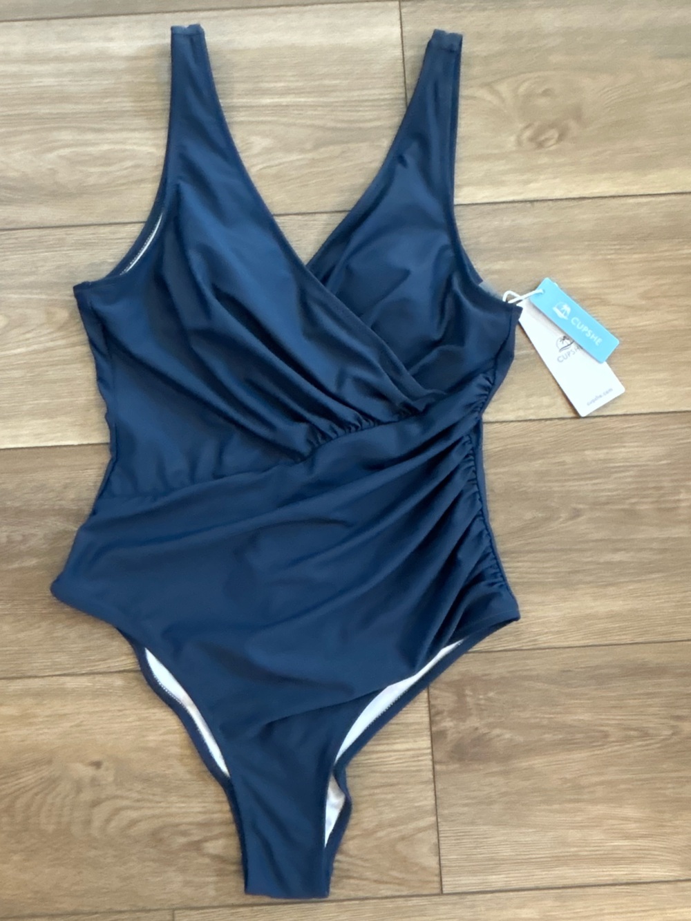 NWT Cupshe One Piece Swimsuit Womens M Blue Ruched V Neck